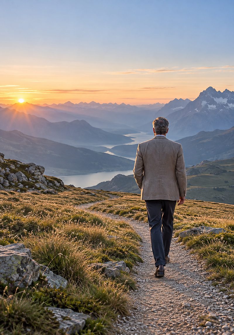 Ejecutivo caminando por un sendero de montaña al amanecer, con un valle y un lago abriéndose al frente