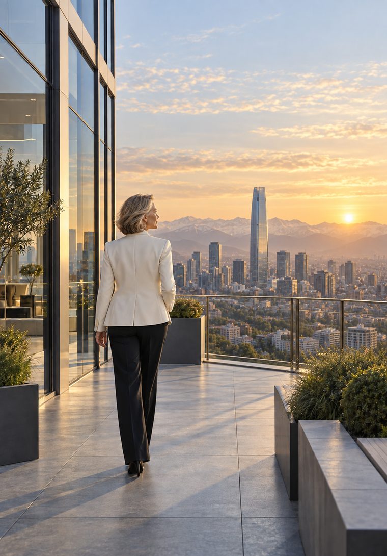 Ejecutiva caminando por la terraza de una oficina en altura, con Santiago y la cordillera al atardecer