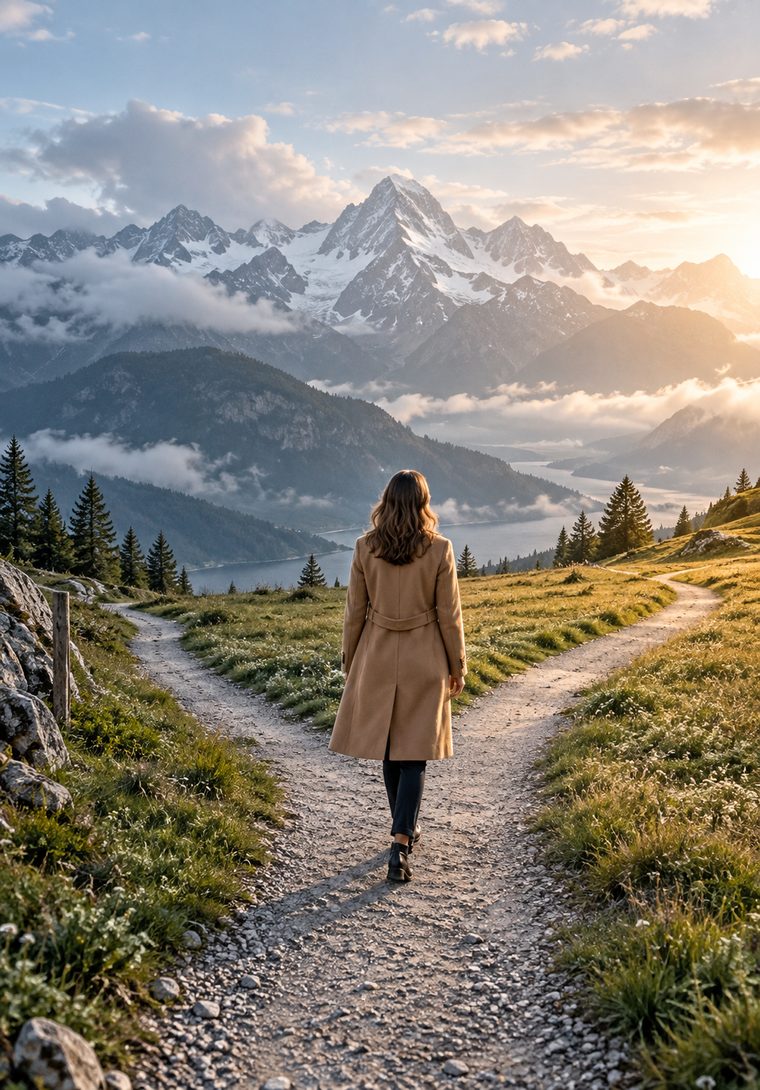 Mujer caminando por un sendero de montaña al amanecer, frente a un valle abierto